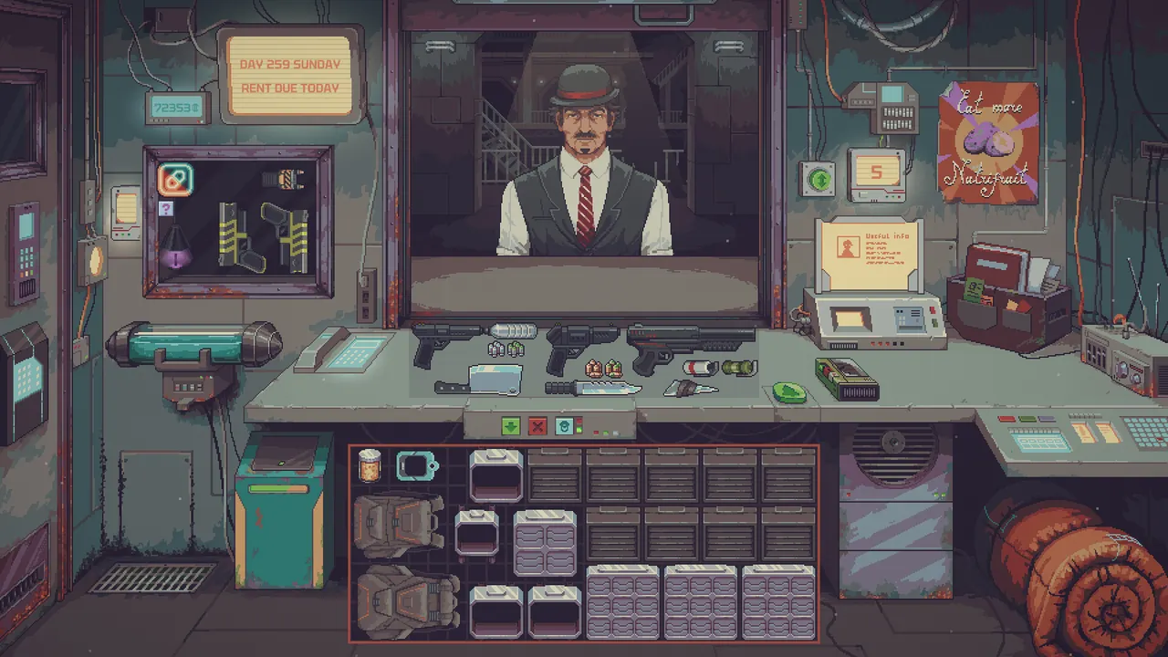 Probably Stolen shopkeeper desk with a suited customer